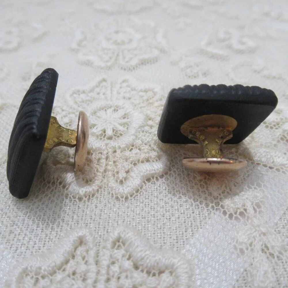 Victorian French Jet Crepe Stone Black Glass Mourning Cufflinks Patent Dec 1883